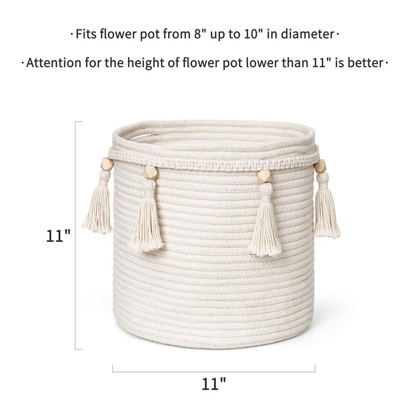 Mkono Macrame Decorative Cotton Rope Basket Boho Cute Woven Tassel Closet Storage Bins Organizer for Nursery,Baby Toys,Magazines, Potted Plants Cover,Living Room,Bedroom,Home Decor 11"x11",Small - Image 5